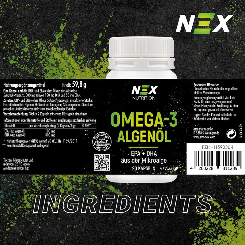 NEX Omega-3 Algae Oil, Vegan DHA EPA Source from Schizochytrium