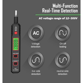 Voltage Tester AC 12-300V Non-Contact & Contact Voltage Detector Electrical Test Pen Wire Breakpoint Finder with NCV, Continuity Live Null Wire Test, LCD Display, Buzzer Alarm, Backlight, Flashlight