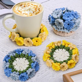 Iuuidu Crochet Kit for Beginners-4PCS Coaster Flower Pot Crochet Kits Coaster Crochet Starter Kit with Crochet Yarns,Hooks, Easy Videos Tutorials to Crochet for Office, Coffee Table, Home Decor