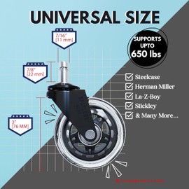 Office Chair Caster Wheels - Gaming Chair Replacement Wheels for All Floors Including Hardwood Floor & Carpets - Smooth & Quiet Office Desk Accessories - Desk Chair Casters - Set of 5 (Black & Clear)