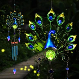 Pearlstar Solar Wind Chimes Outdoor, 53.5" Large Peacock Wind Chimes Light with Crackle Glass Ball, Waterproof Colorful Metal Peacock Wind Chimes for Garden Patio Yard Home Decor Memorial Gift…