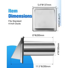WENHUALI 4" Dryer Vent Cover Outside with Stainless Steel Guard Metal Dryer Exhaust Vent Cap and Detachable Extended Pipe Vent Hood, Non-Return Flap with Sealing Gasket Grille, Easy Install