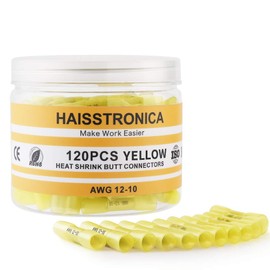 haisstronica 120PCS 12-10 Awg Yellow Heat Shrink Butt Connectors-Tinned Red Copper 1mm-Marine Grade Insulated Crimp Wire Connectors-Waterproof Electrical Connectors-Butt Splice for Marine,Boat,Stereo