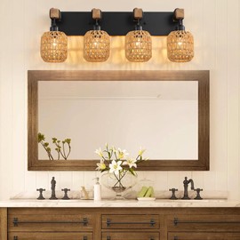 4 Light Bathroom Vanity Light Fixtures,Rustic Style Wood Bathroom Wall Sconce, with Boho Wicker Lampshade，suitable for bedroom, hallway, and living room,Rattan Black Farmhouse Wall Sconce
