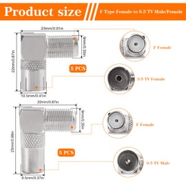 KUOQIY 10 Pieces 90 Degree F Female to RF Male/Female Coaxial Adapter, 9.5 TV Female to F Type Screw Connector Male/Female Right Angle Converter, Nickel Plated