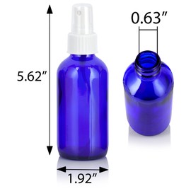 JUVITUS 4 oz Cobalt Blue Glass Boston Round Bottle with White Fine Mist Sprayer (4 pack) + Funnel I Refillable Empty Storage Containers