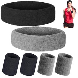 SamHeng 6 Pieces Sweatband Set, 2 Pcs Sport Headbands and 4 Pcs Moisture Wicking Wristband for Men Women, Sweat Bands for Gym Tennis Football Basketball Running Athletic Exercise Fitness (Black+Grey)