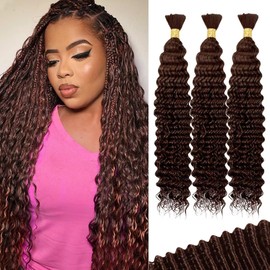 Chocolate Brown Human Braiding Hair - Deep Water Wave, 100g, 20 Inch, Color4, Curly, Boho Braids, No Weft, 3 Braids Per Pack, Wet and Wavy