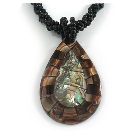 Avalaya Teardrop Shell Pendant on Black Bead Twisted Cord Necklace in Brown/Abalone Colours - 44cm Long