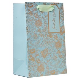 Design By Violet Fresh Blooms Foiled Small Gift Bag – Luxury Light Blue Paper Bag with Gold Foil Floral Design & Ribbon Handles – Elegant Gift Wrapping for Birthdays, Weddings & Special Occasions