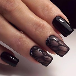 MISUD Press on Nails Short Square Fake Nails Glossy Glue on Nails Black Acrylic Nails Squoval Artificial Nails Rhinestone Stick on False Nails with Design 24 pcs