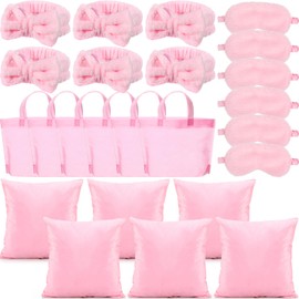 Daifunli 24 Pieces Spa Sleepover Party Supplies for Girls 6 Pink Spa Headband 6 Plush Sleep Eye Mask 6 Pink 18'' x 18'' Velvet Throw Pillow Covers 6 Tote Bags for Slumber Sleepover Party Favor Gift