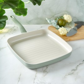 Berghoff Balance Non-stick Ceramic Square Grill Pan 11", Recycled Aluminum, Non-toxic, CeraGreen Nonstick Coating, Stay-cool Handle, Induction Pan, 100% Sustainable, Healthy Cooking, Sage