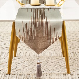 Fullony Champagne 72 Inches Long Table Runner Gorgeous Embroidery Vintage Thick Fabric Abstract Striped Table Runners for Home Living Room Bedroom Dinner Room Art Decor Holiday