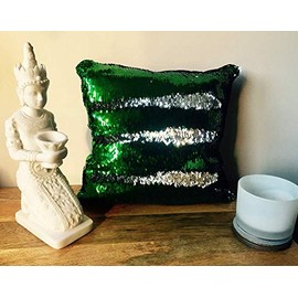 LushFabric x2 MERMAID SEQUIN CUSHION Cover Pillow Case Reversable Flip Sequins Sofa 35x35cm - SET OF 2 (Green & Silver (No Pillow Insert))