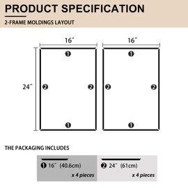Hungbak 2 Set of 16" x 24" Pre-Cut Accent Wall Molding Trim Kit, Peel and Stick Premade Wainscoting Panels for Interior Decoration, Ready to Assemble Chair Rail Moulding