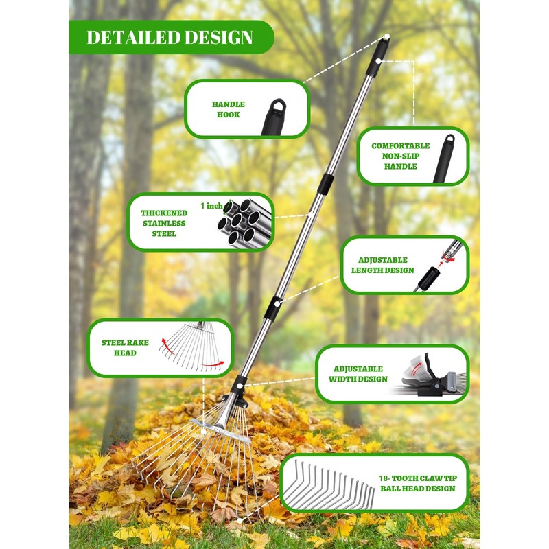 Adjustable Metal Leaf Rake Set Garden Rake for Leaves Long