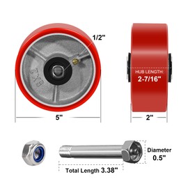 NINOSO 5" x 2" Heavy Duty Wheels, 1/2" Bore Axle Polyurethane on Cast Iron Wheel, Set of 4 Replacement Industrial Caster Wheels for Cart Toolbox (4 Wheel)