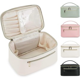 Bolsa De Cosméticos De Viaje De Gran Capacidad, Bolsa De Cosméticos Portátil De Cuero Resistente Al Agua, Neceser Multifuncional Para Mujer Con Asa. (blanquecino)