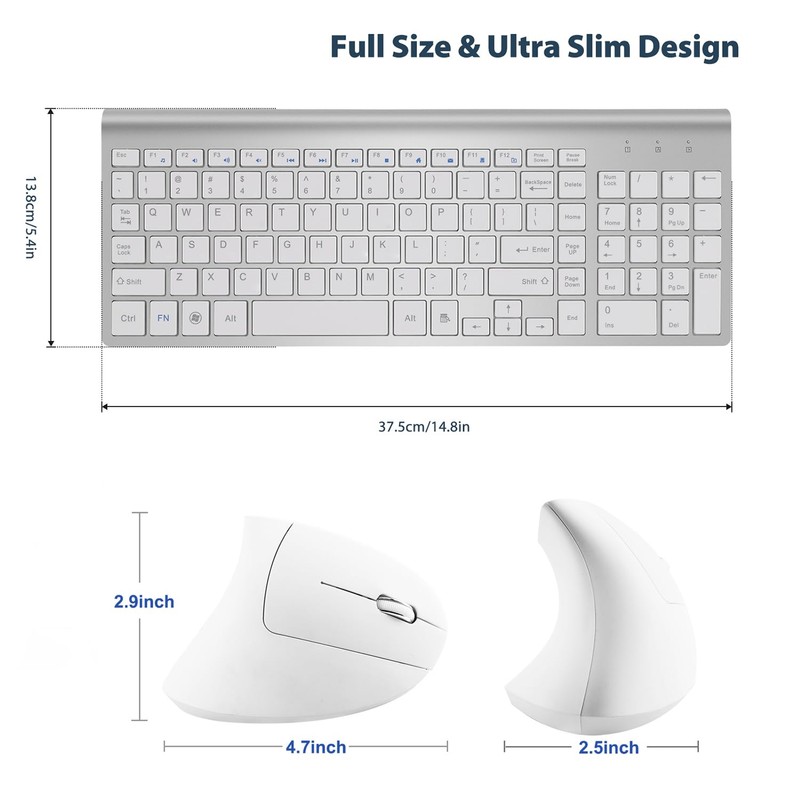 2.4GHz Wireless Vertical Ergonomic Mouse and Keyboard Combo Ultra-Thin Portable