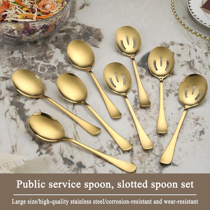 Gold Serving Spoons 8 Pieces, ReaNea Stainless Steel Serving Utensils