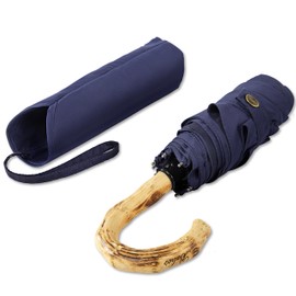 Balios Compact Umbrella Manual Mini Windproof, Full Size Canopy, Real Wood Crook Handle, Lightweight, Strong Frame, Long Shaft Foldable Travel Umbrella (Dark Navy Crook Handle)