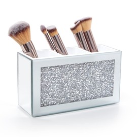 SWTHONY Silver Makeup Brush Holder Organizer, 3 Slot Crystal Mirrored Cosmetic Brushes Storage Bling Crushed Diamond Vanity Decor, Eyeliners Eyebrow Pencil Display Case for Women