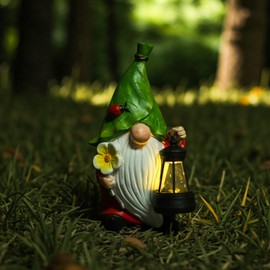 Outdoor Solar-Powered Lantern Dwarf Sculpture Garden Gnome Statue with Lantern and Ladybug, 7.5 x 4 Inches, Decorative Outdoor Sculpture