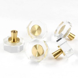 Jersvimc 6Pcs Acrylic Octagon Cabinet Knobs - Gold Lucite Knobs, Clear Glass Dresser Pulls Crystal Decorative Draw Knob Luxury Vanity Pull Solid Brass Furniture Knob for Cupboard Kitchen Drawer