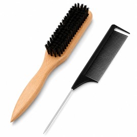 Boar Bristle Slick Back Hair Brush with Precision Tail Comb – 2-Piece Styling Set for Smooth Frizz-Free Buns, Ponytails, and Baby Hair Edges, Hairbrushes for Women and Toddlers