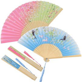Tkocisa 2 Pack Bamboo Silk Folding Fan, Chinese Vintage Retro Fabric Fans, Small Folding Hand Fan for Performance, Dance, Fighting, Wedding, Church, Party & Gift(Blue & Pink)