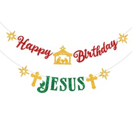 Happy Birthday Jesus Banner, Christmas Holiday Winter Merry Christmas Party Bunting Banner,Religious Christmas Holy Nativity Party Decorations