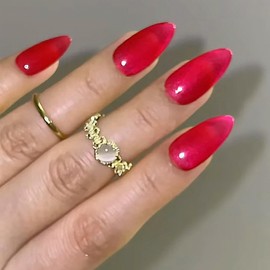 24Pcs Red Press on Nails Short Almond Fake Nails Elegant Rose Red Acrylic Nails Full Cover Glue on Nails Glossy Red Solid Color False Nails Reusable Stick on Nails for Women Girls