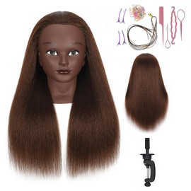 100% Real Hair Mannequin Head Training Head Manikin Cosmetology Doll Head for Hairdresser Practice Braiding Hair Styling with Clamp stand (18inch)