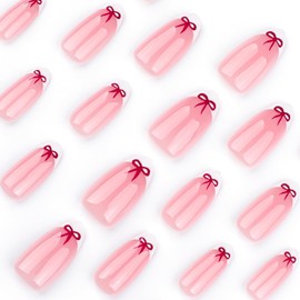 Almond Valentines Press on Nails White French Tip Fake Nails with Red Bow-knot Designs Cute Valentine Glue on Nails Glossy Medium Valentine Acrylic Nails Press ons Stick on Nails for Women