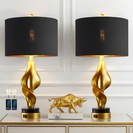 Reyokale 25.5'' Set of 2 Modern Table Lamps for Living Room Bedroom, Gold Leaf Sculptural Bedside Lamps with Marble Base and USB C+A Ports for Office End Tables Nightstand, 2 Bulbs Included