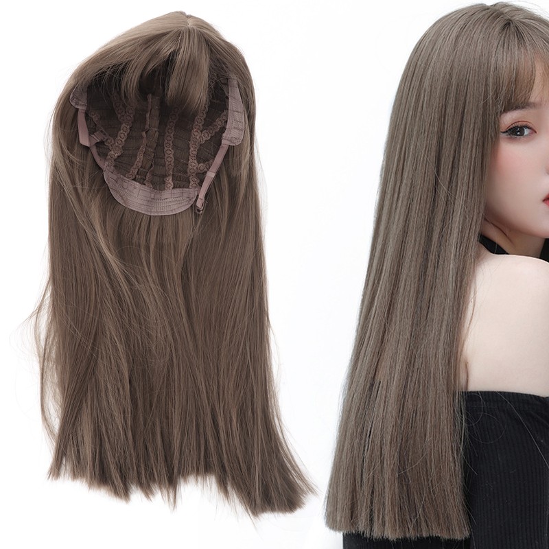 Women Light Brown Wig with Bangs Long Straight Synthetic Realistic