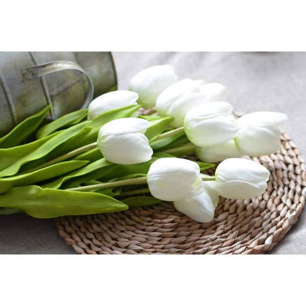 Floral Kingdom 19" Real Touch Latex Tulips for Artificial Flower Arrangements, Bridal Bouquets, Home/Office Decor (Pack of 8) (White)