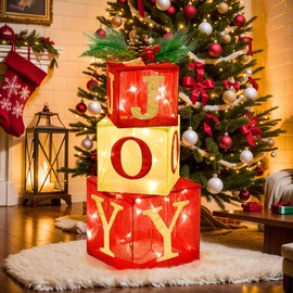 FUN LITTLE TOYS 3PCS Christmas Lighted Gift Boxes, Light Up with White LED Lights and Decorative Mistletoe, Christmas Decorations for Home Indoor Patio Outdoor Garden Lawn