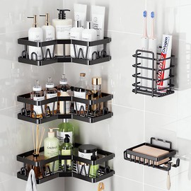Gavoyeat Shower Caddy Corner Bathroom Shelves Basket Shelf Organizer Storage, Bathroom Shower Shelf Organizer Rack Holder Stainless Steel Self Adhesive No Drilling 5-Pack