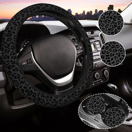 Black Leopard Print Cheetah Elastic Steering Wheel Cover for Women,Universal Auto Steering Wheel 14-15 Inch Car Interior Accessories with 2PCS Car Coasters,Suitable for Men and Women