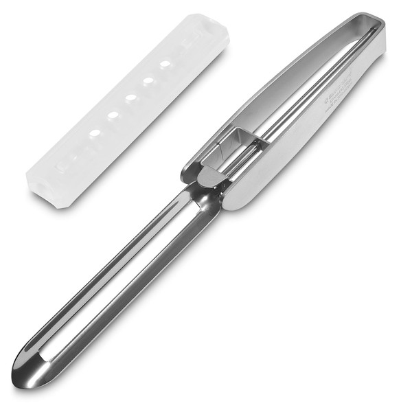 Seki Japan Long Vegetable Peeler, stainless steel blade with plastic safety cover