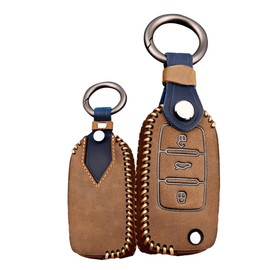 TECART Flip Key Fob Cover Fit For VW Atlas Golf Jetta Passat Tiguan 3 Buttons Genuine Leather Remote Keyless Key Fob Case, 3a Button-brown