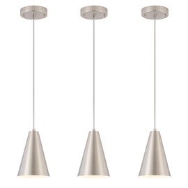 Brushed Nickel Pendant Lights Kitchen Island,Dining Room Light Fixtures Over Table 3 Pack with Silver Cone Metal Shade, Modern Farmhouse Small Chandeliers,Adjustable Cord Hanging Lighting for Sink