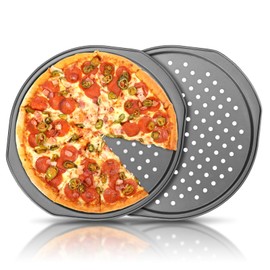 HMIEPRS Pack of 2 Pizza Trays, Non-Stick Pizza Tray with Holes and Handle, Carbon Steel Round Pizza Mould, Diameter 32 cm Pizza Baking Tray, Pizza Pans for Pizza, Kitchen, Oven, Baking, Pizza Baking