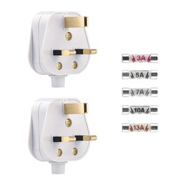 2 Pack 3 Pin Plug UK, 3 pin Mains Plug 250V, 13 Amp Plugs White Plug Fused 13A Mains Plugs Included (3A/5A/7A/10A/13A), Flame Retardant Material, Ideal for Household Electrical Appliances