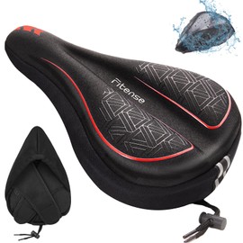 Fitense Bike Seat Cushion, Gel Padded Bike Seat Cover for Men Women, Extra Soft Exercise Bicycle Cushion Fit for Peloton, Spin Stationary Exercise, Cycling Bike with Adjustable Vel-co Secure, Red