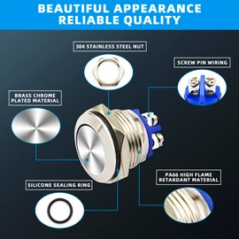 DaFuRui Momentary Push Button Switch,10PCS 16mm Waterproof Stainless Steel Metal Flat Top 2A/36V Self-Reset(Flat Head)
