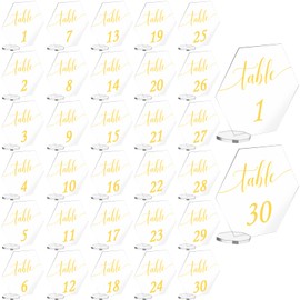 Yalikop 30 Pcs Gold Acrylic Wedding Table Numbers with Stand Printed Clear Number Signs for Reception Event Party Dining Room(Hexagonal), Gold,Transparent