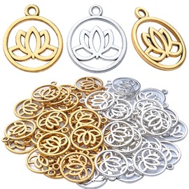 50pcs Lotus Flower Pendants Alloy Hollow Round Dangle Charms Lotus Bead Charm for DIY Jewelry Crafts Supplies Making Accessory